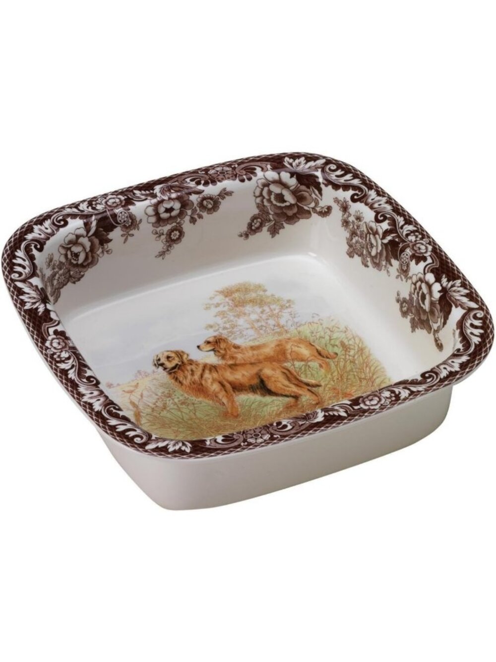 Rustic Square Rim Dish with Golden Retriever Design - Brown & White Home Decor